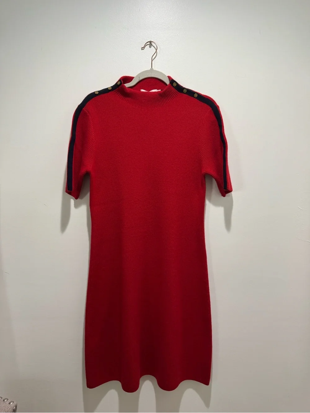 Tory Burch Sardy Merino Wool Sweater Dress Red Navy Gold Buttons L